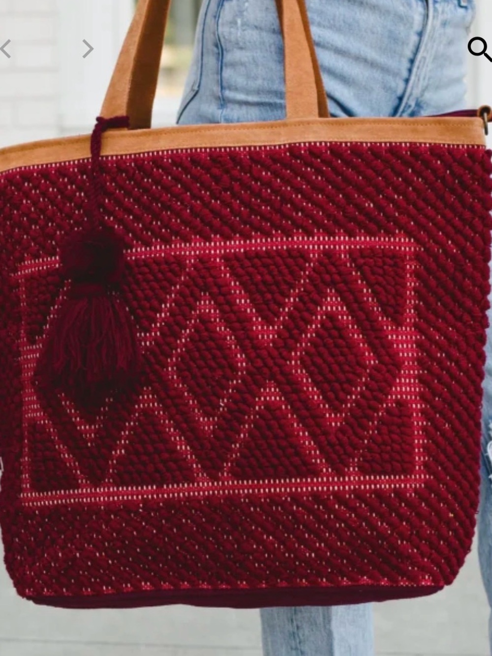 lovestitch Burgundy Large Woven Tassel Tote with Tan Handles
